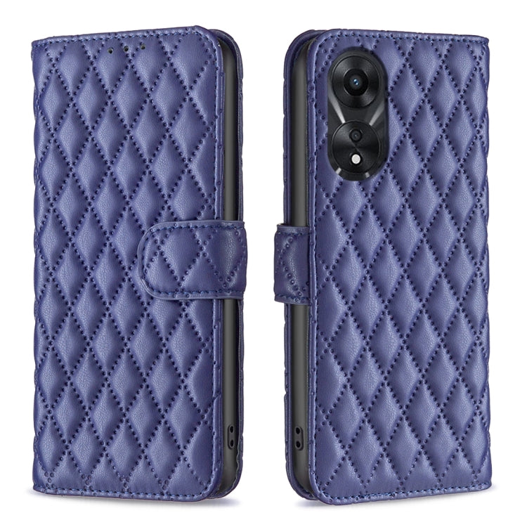 Blue diamond-lattice leather flip phone case with wallet flap and camera cutout