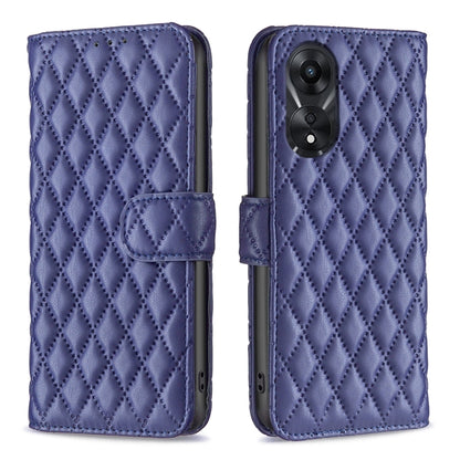 Blue diamond-lattice leather flip phone case with wallet flap and camera cutout