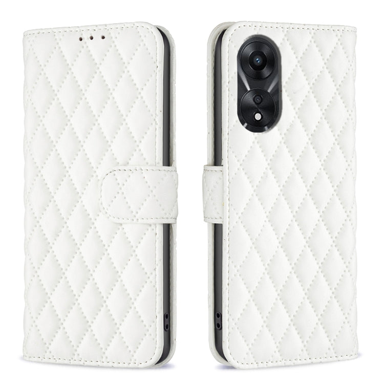 White diamond-lattice leather flip phone case with wallet flap and camera cutout