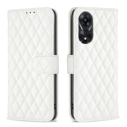White diamond-lattice leather flip phone case with wallet flap and camera cutout