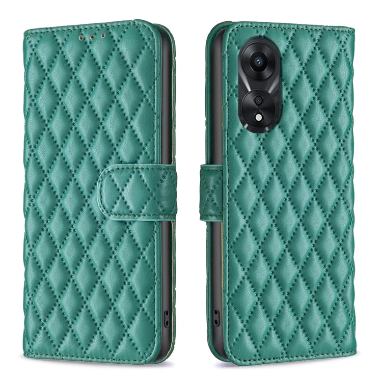 Green teal diamond-lattice leather flip phone case with wallet flap and camera cutout