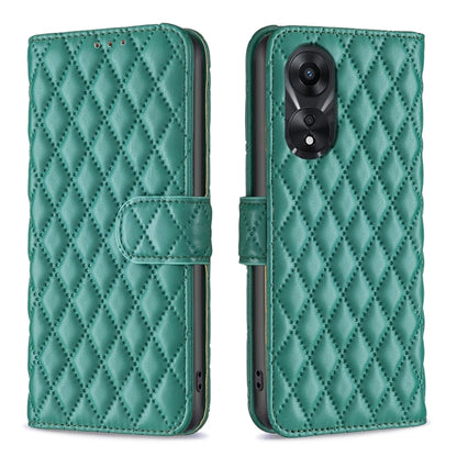 Green teal diamond-lattice leather flip phone case with wallet flap and camera cutout