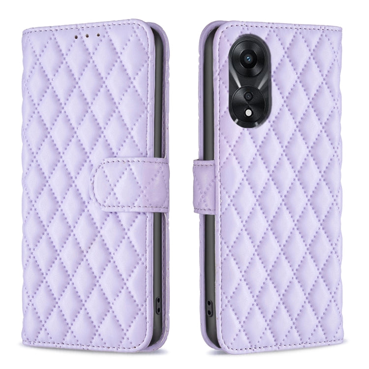 Lilac diamond lattice leather flip phone case with dual camera cutout and magnetic strap