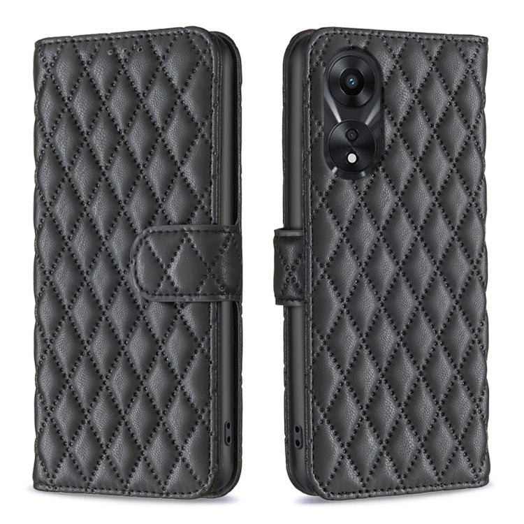 Black diamond lattice leather flip phone case with dual camera cutout and magnetic strap