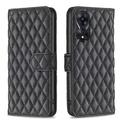 Black diamond lattice leather flip phone case with dual camera cutout and magnetic strap