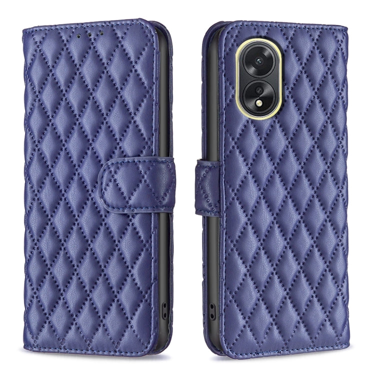 Blue flip wallet phone case with diamond lattice and magnetic front cover, front and back