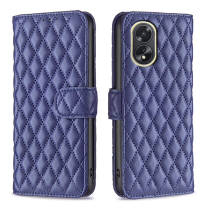 Blue flip wallet phone case with diamond lattice and magnetic front cover, front and back