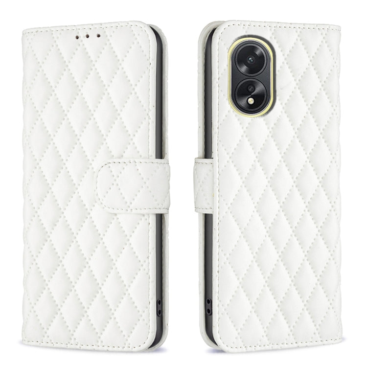 White folio flip phone case with diamond lattice texture and camera cutout