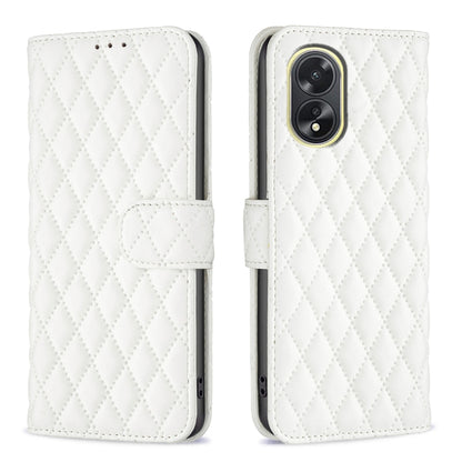White folio flip phone case with diamond lattice texture and camera cutout