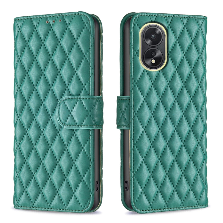 Teal diamond-lattice leather flip phone case with wallet flap and camera cutout