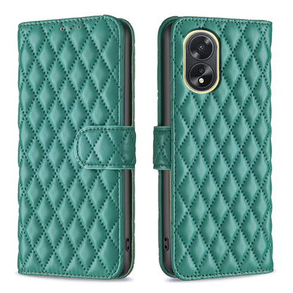 Teal diamond-lattice leather flip phone case with wallet flap and camera cutout
