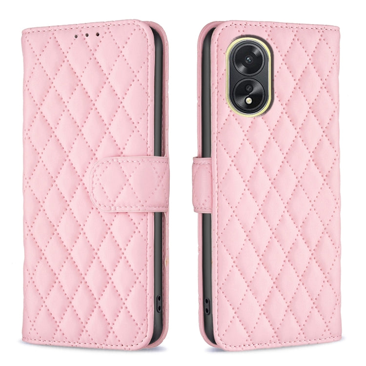 Light pink diamond-lattice leather flip phone case with wallet flap and camera cutout