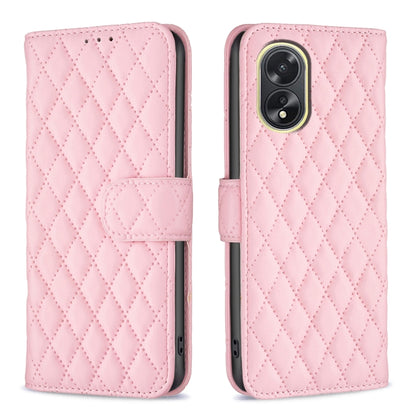 Light pink diamond-lattice leather flip phone case with wallet flap and camera cutout