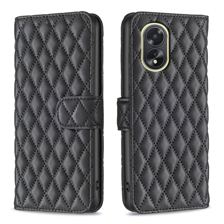 Dark gray-black diamond-lattice leather flip phone case with wallet flap and camera cutout