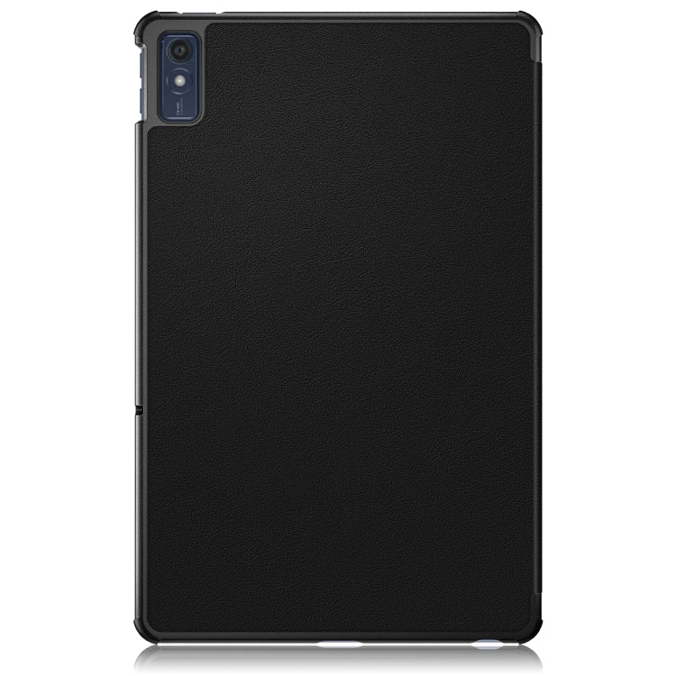 Black leather tablet case with textured back and cutout for camera