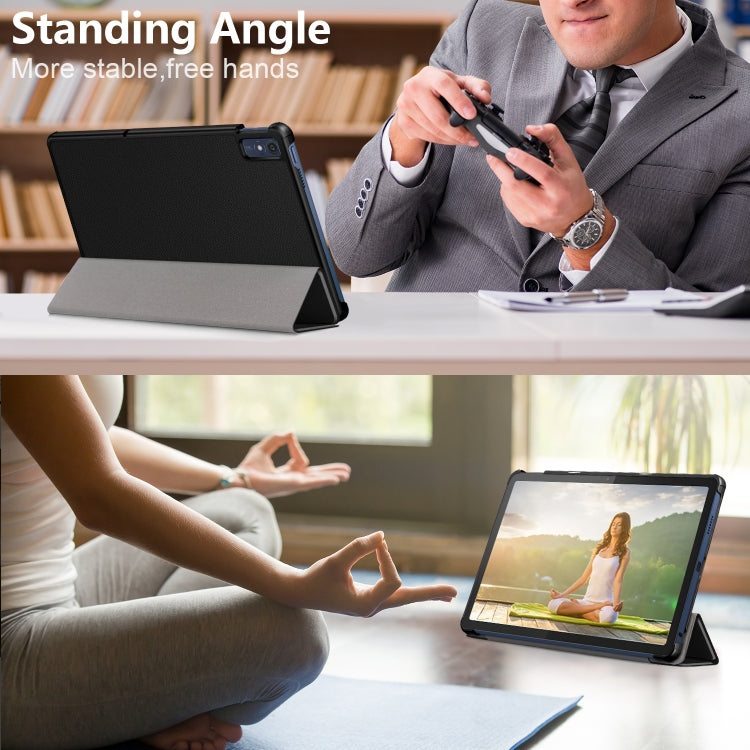 Black leather tablet case in standing angle for hands-free viewing
