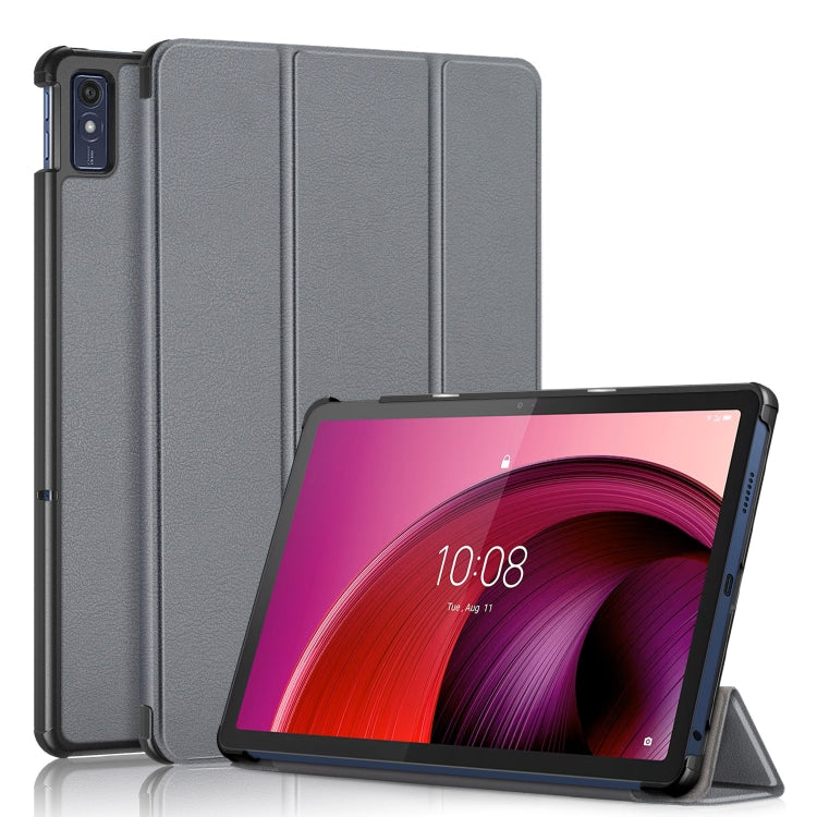 Grey 3-fold leather smart tablet case with stand, shown with tablet