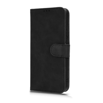 Magnetic flip leather phone case, black, back view with stitched flap and holder