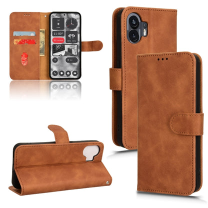 Brown magnetic flip leather phone case with camera cutout and magnetic closure for phone.