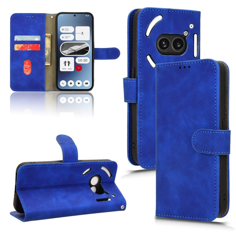 Blue magnetic flip leather phone case with card slots and fold-out stand for phone.