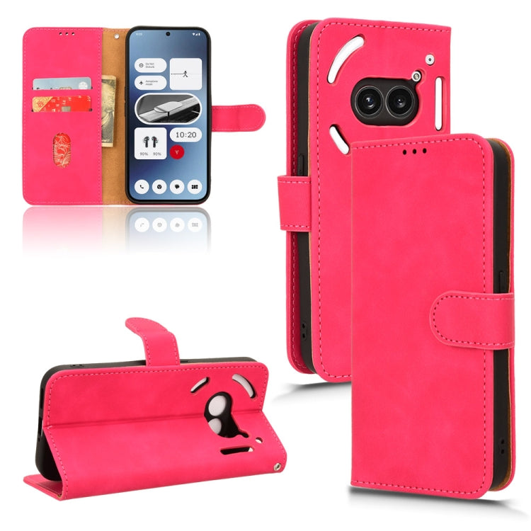 Rose red magnetic flip leather phone case with card slots and fold-out stand for phone.