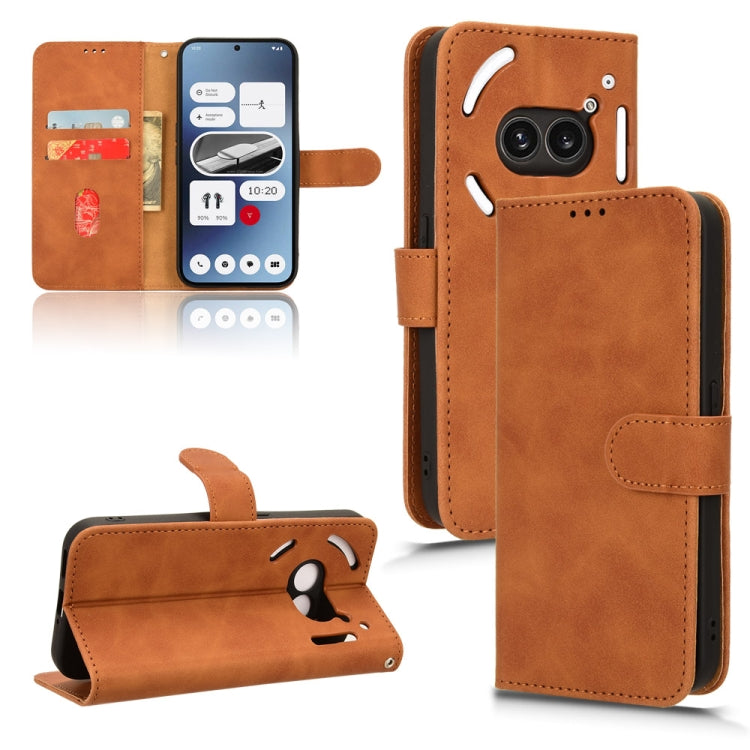 Brown magnetic flip leather phone case with card slots and fold-out stand for phone.