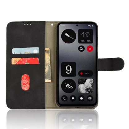 Black magnetic flip leather phone case with beige card slots and front flap