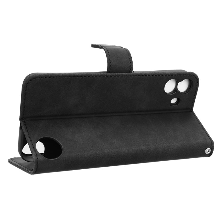 Black leather magnetic flip phone case with stand viewing angle and cutouts