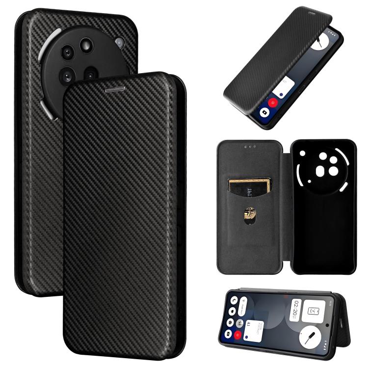 Black carbon-fiber flip phone case with card window and camera cutouts