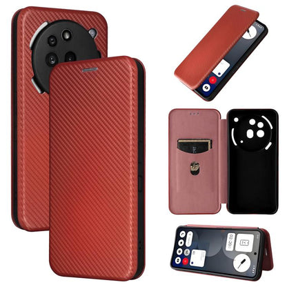 Brown carbon-fiber flip phone case with card window and camera cutouts