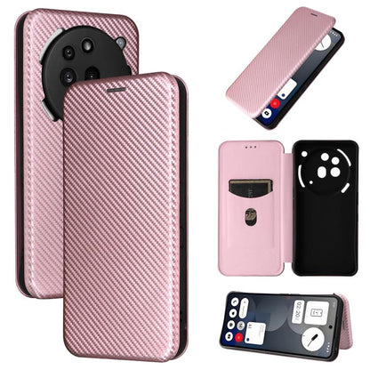 Light pink carbon-fiber flip phone case with card window and camera cutouts