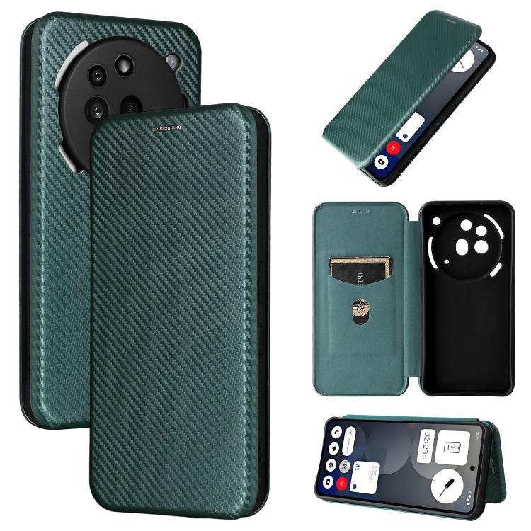 Dark green flip phone case with carbon-fiber texture and card window, camera cutouts