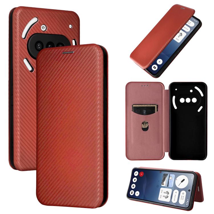 Carbon fiber flip phone case in red-brown, textured back with white accent icons and flip view