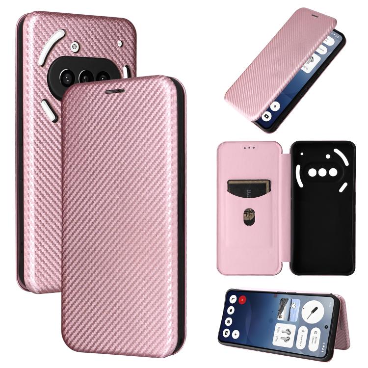 Carbon fiber flip phone case in pale pink, textured back with white accent icon and flip cover