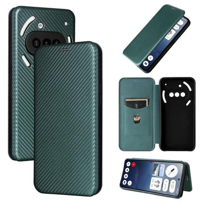 Dark green carbon-fiber flip phone case with card window and camera cutouts