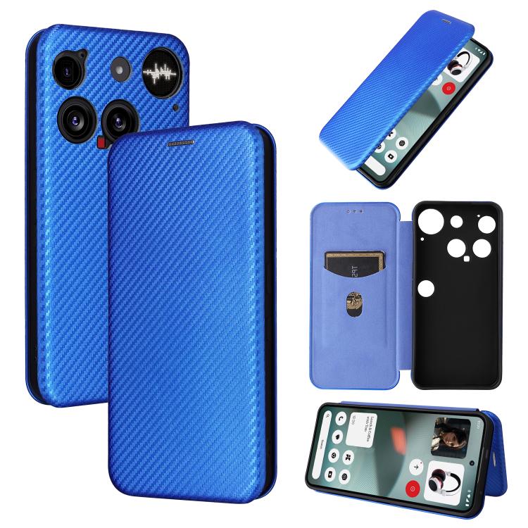 Carbon fiber flip phone case in bright blue, textured back with camera cutouts and flip view