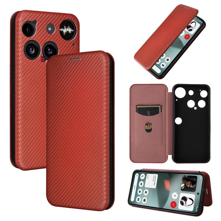 Carbon fiber flip phone case in brown-red, textured back with camera openings and flip cover
