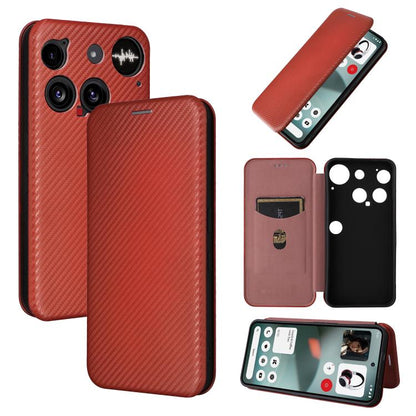 Carbon fiber flip phone case in brown-red, textured back with camera openings and flip cover