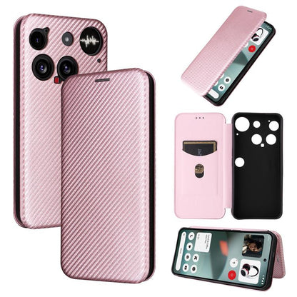 Carbon fiber flip phone case in light pink, textured back with camera cutouts and flip cover