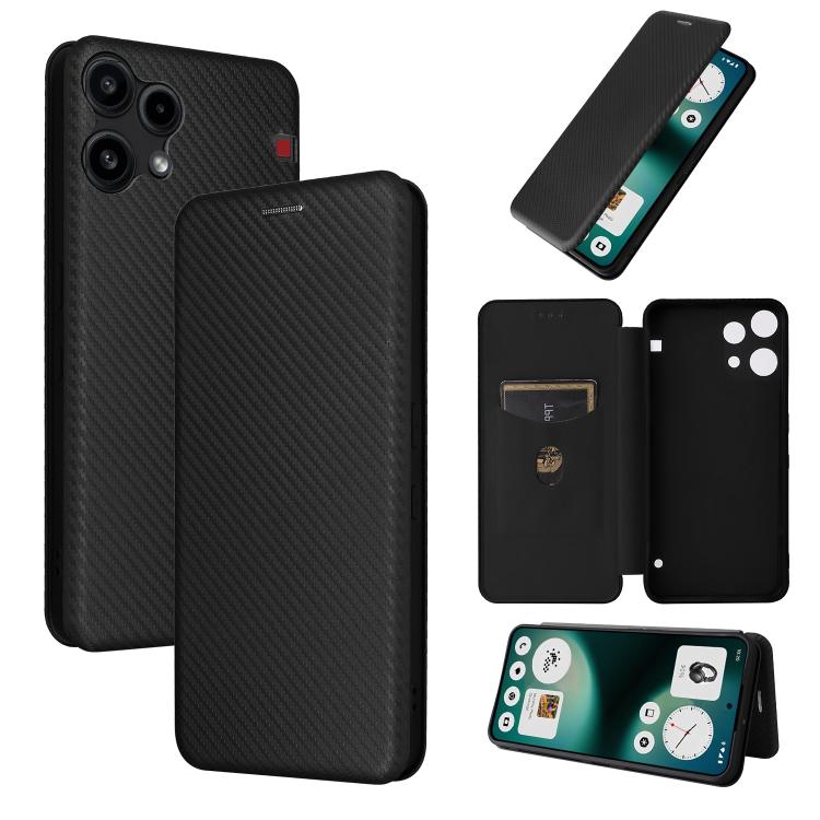 Black carbon fiber flip leather phone case with camera cutouts and opened display view