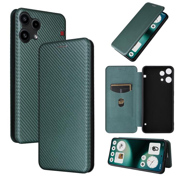 Carbon fiber flip phone case in dark green, textured back with camera cutouts