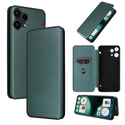 Carbon fiber flip phone case in dark green, textured back with camera cutouts