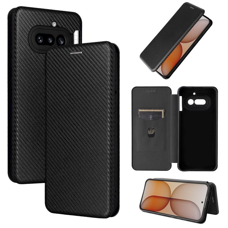Black carbon fiber flip leather phone case with front camera cutout and stand view