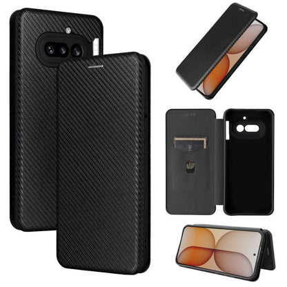 Black carbon fiber flip leather phone case with front camera cutout and stand view