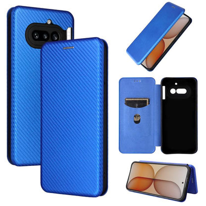 Blue carbon fiber flip leather phone case with front camera cutout and side buttons