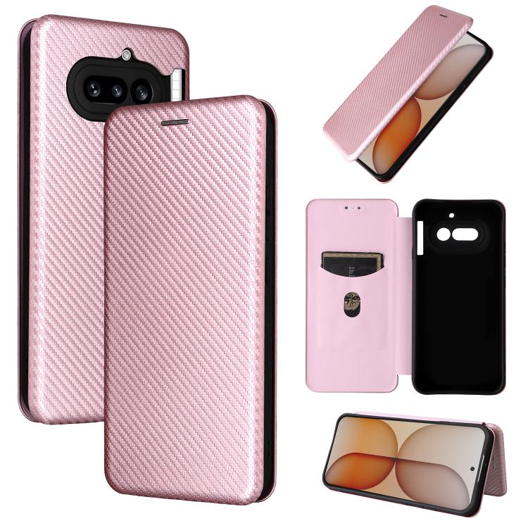 Pink carbon fiber flip leather phone case with card slot window and camera cutouts