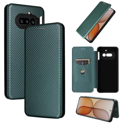 Dark green carbon fiber flip leather phone case with dual camera cutouts and stand view