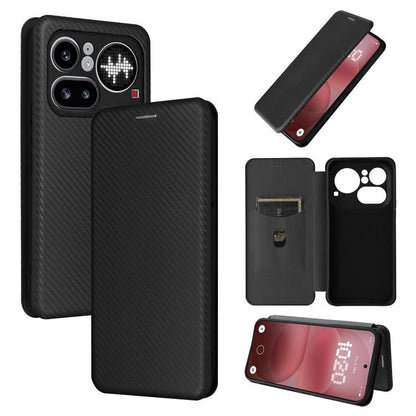 Carbon fiber textured flip phone case with black holder, shown closed and open.