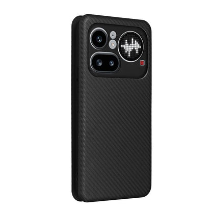 Black carbon fiber textured flip phone case, rear view with camera cutouts.