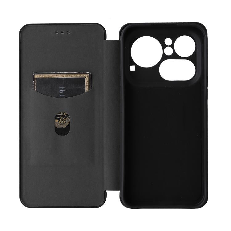 Black flip phone case open view, with card slot and camera/controls on back.